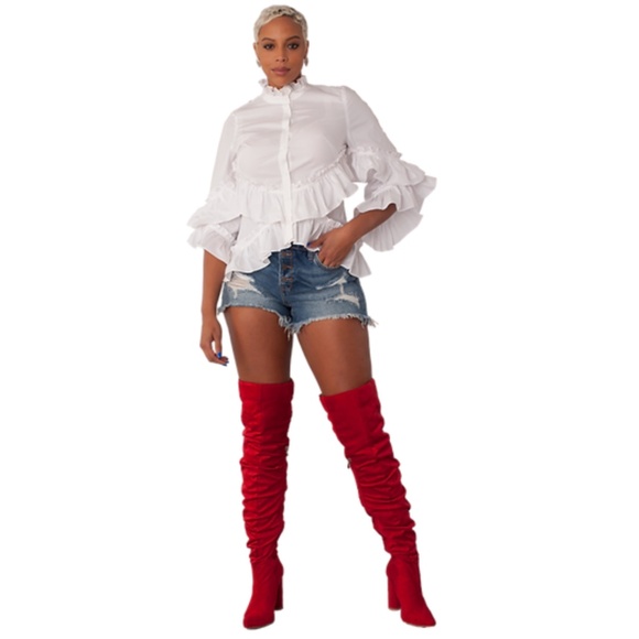 NEW White 100% Cotton Ruffle Top on sleeves and hem button front sz M - Picture 6 of 17